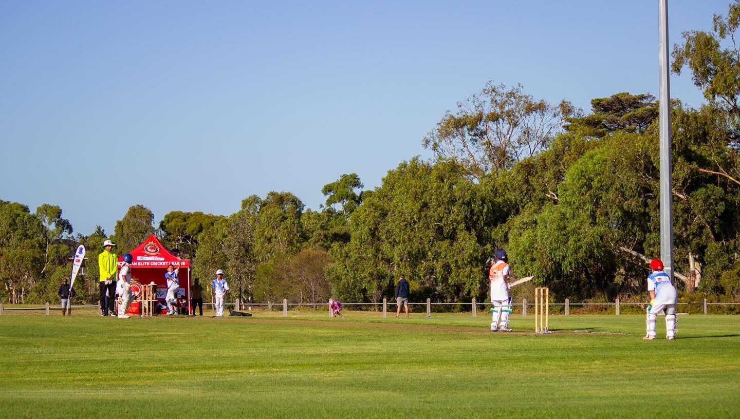 A VECL match under way on turf: the batter at the crease, the wicketkeeper up behind the stumps, and the league marquee at the boundary.