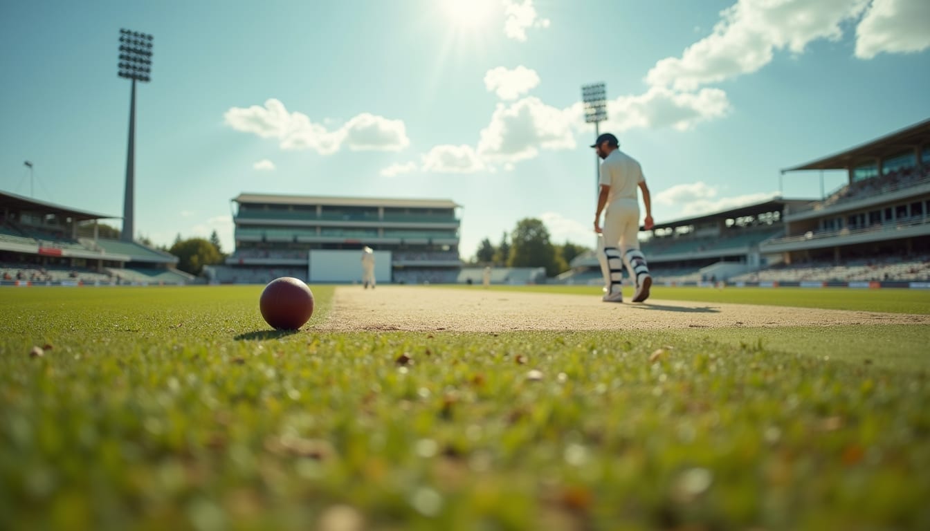 Eye-level view of cricket pitch with players warming up