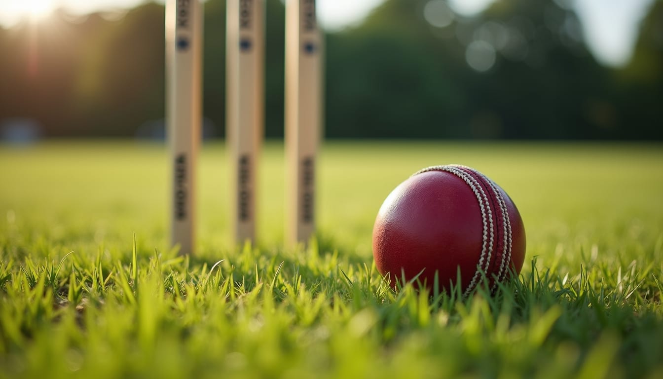 Close-up view of cricket ball on grass near stumps